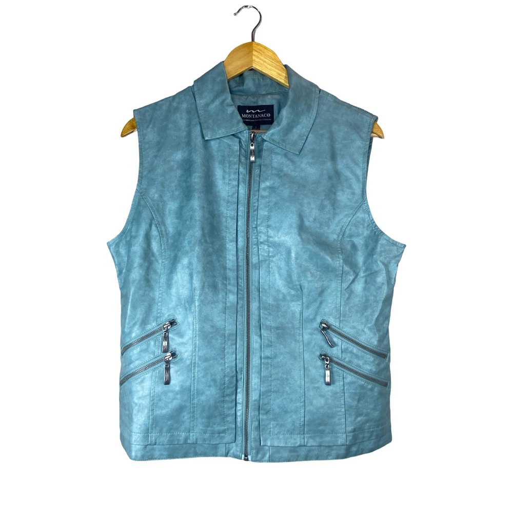 Montanaco Womens Teal Blue Faux Leather Zip Up Vest Boho Western Cowgirl Vegan
